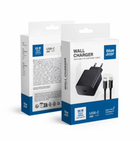 Tinklo įkroviklis 220V USB C 20W + iPhone 12/13 8pin (Lightning) 1m juodas Blue Star